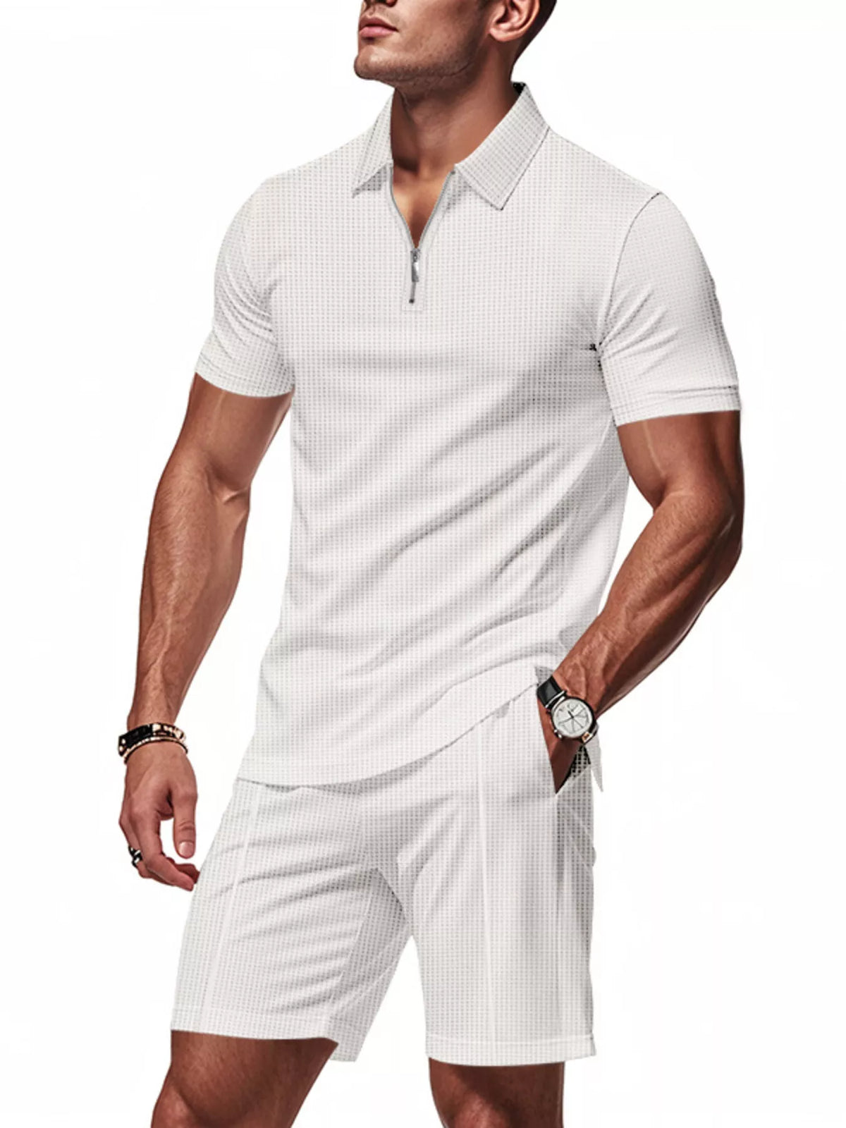 Men's Plus Size Quarter Zipper Polo Shirt and Shorts Set