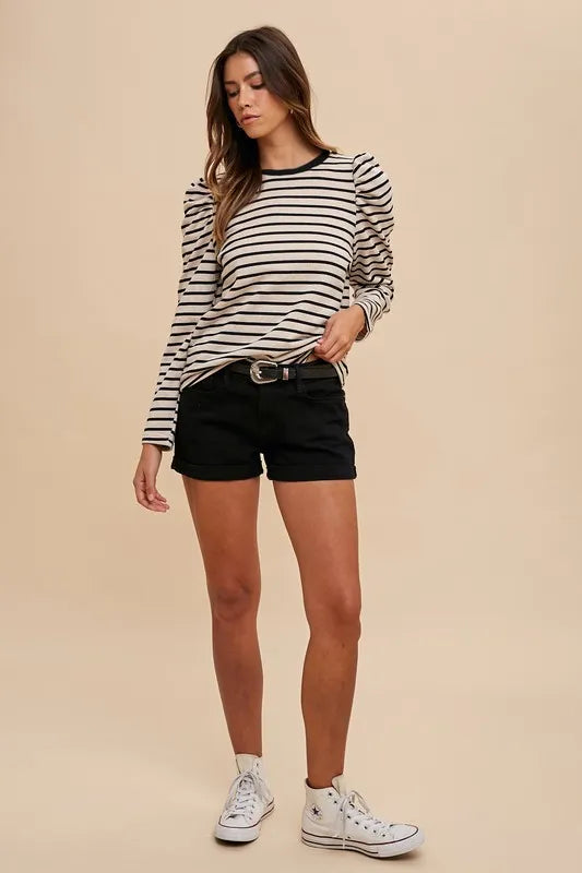Annie Wear Striped Round Neck Puff Sleeve French Terry Top - Lilixa.store