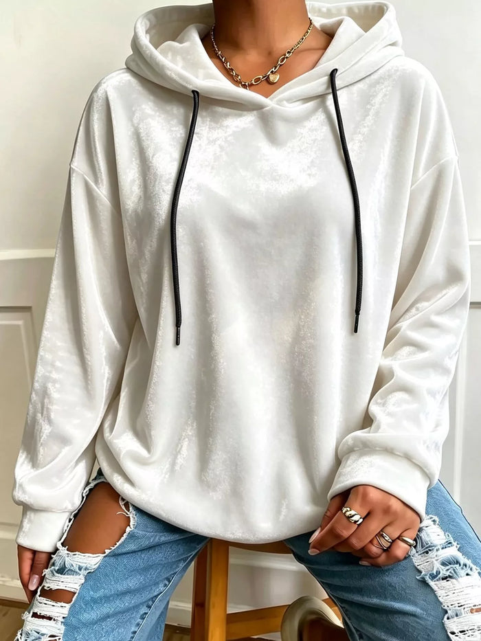 Plus Size Velvet Drawstring Dropped Shoulder Hoodie in White