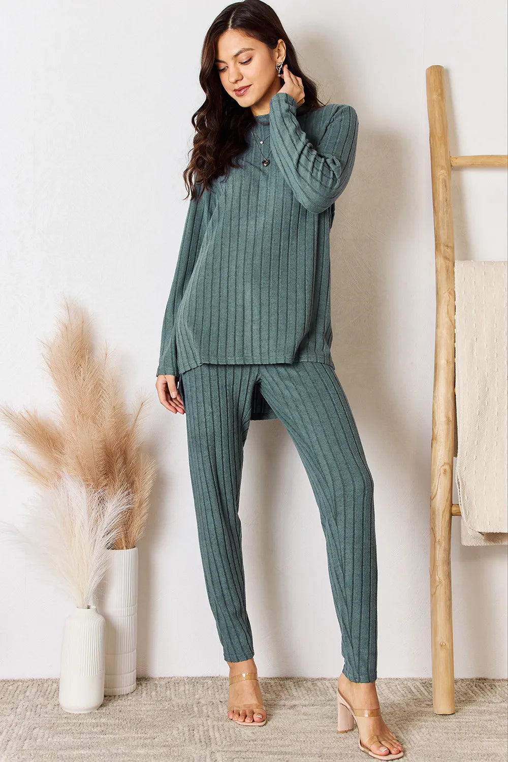 Basic Bae Full Size Ribbed Round Neck High-Low Slit Top and Pants Set - Lilixa.store
