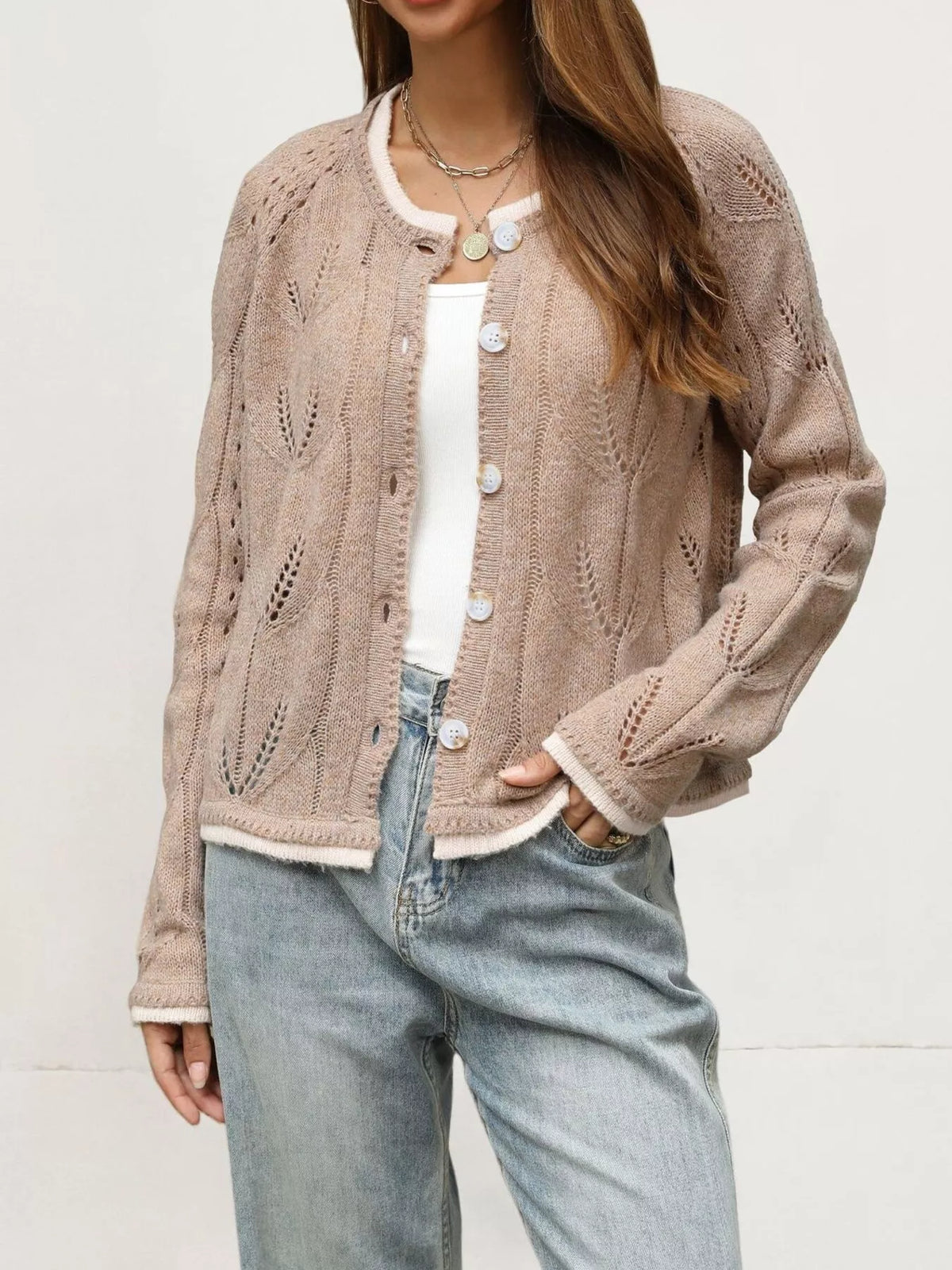 Hollow-Out Knit Button-Down Cardigan - Lilixa.store