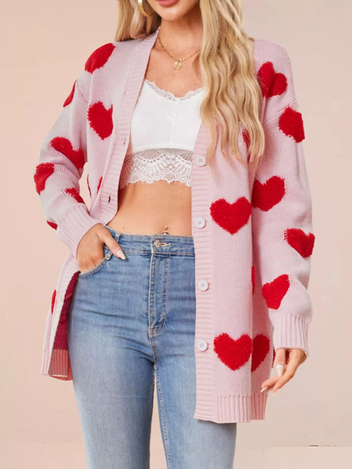 Heart Pattern V-Neck Button-Down Knit Cardigan - Lilixa.store