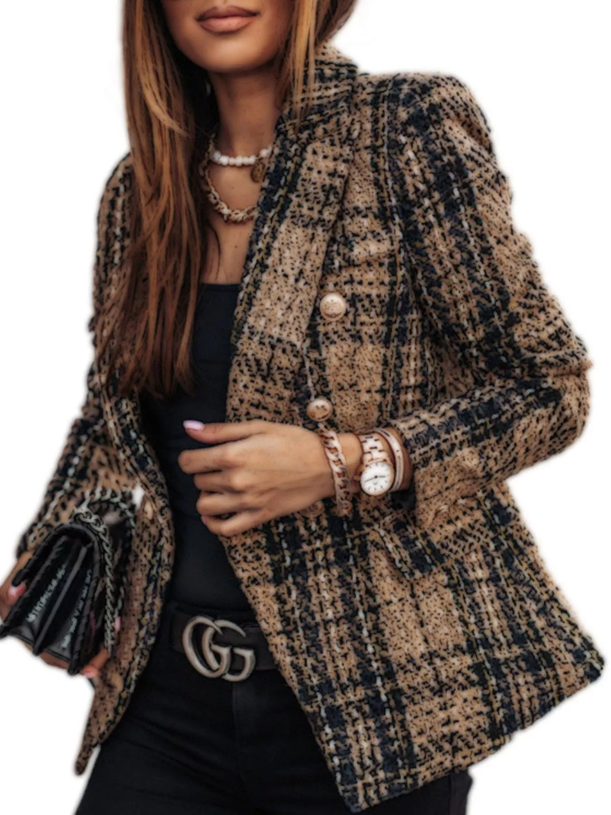 Full Size Plaid Tweed Double-Breasted Blazer Plus Size - Lilixa.store