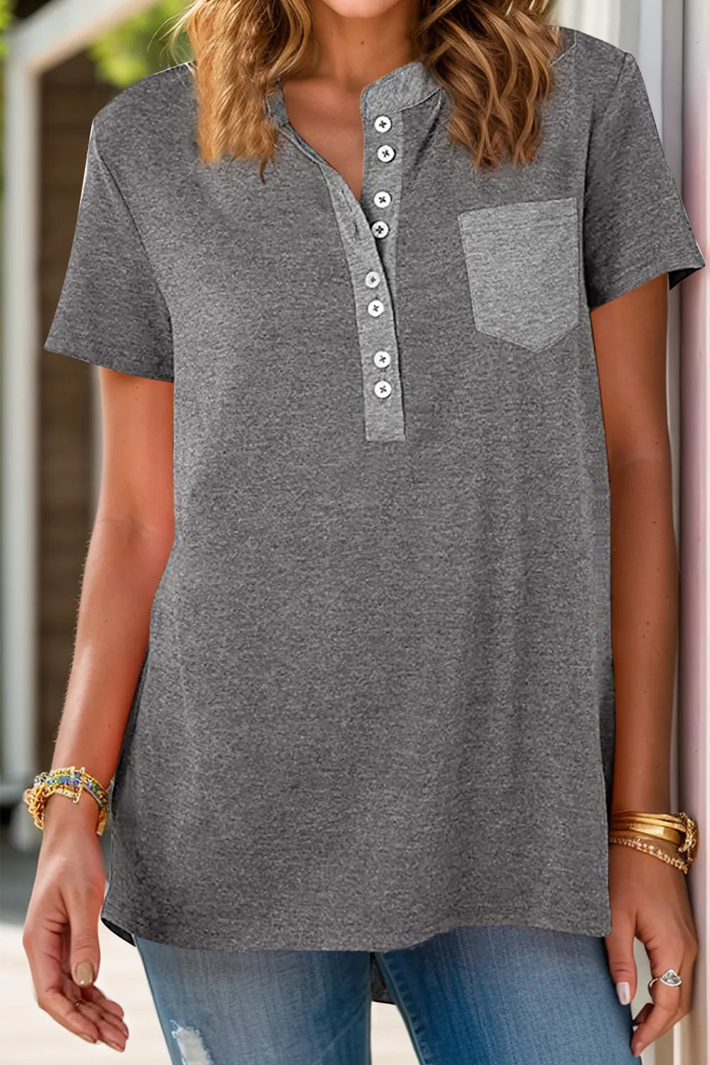 Full Size Half Button Short Sleeve T-Shirt - Lilixa.store