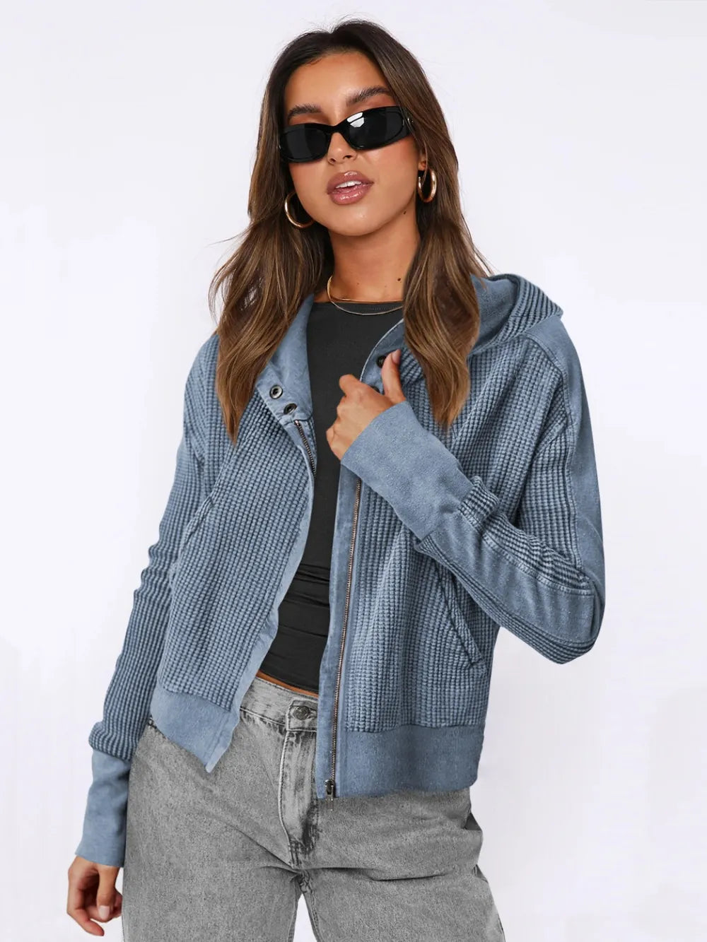 Waffle-Knit Dropped Shoulder Hooded Jacket in Dusty Blue