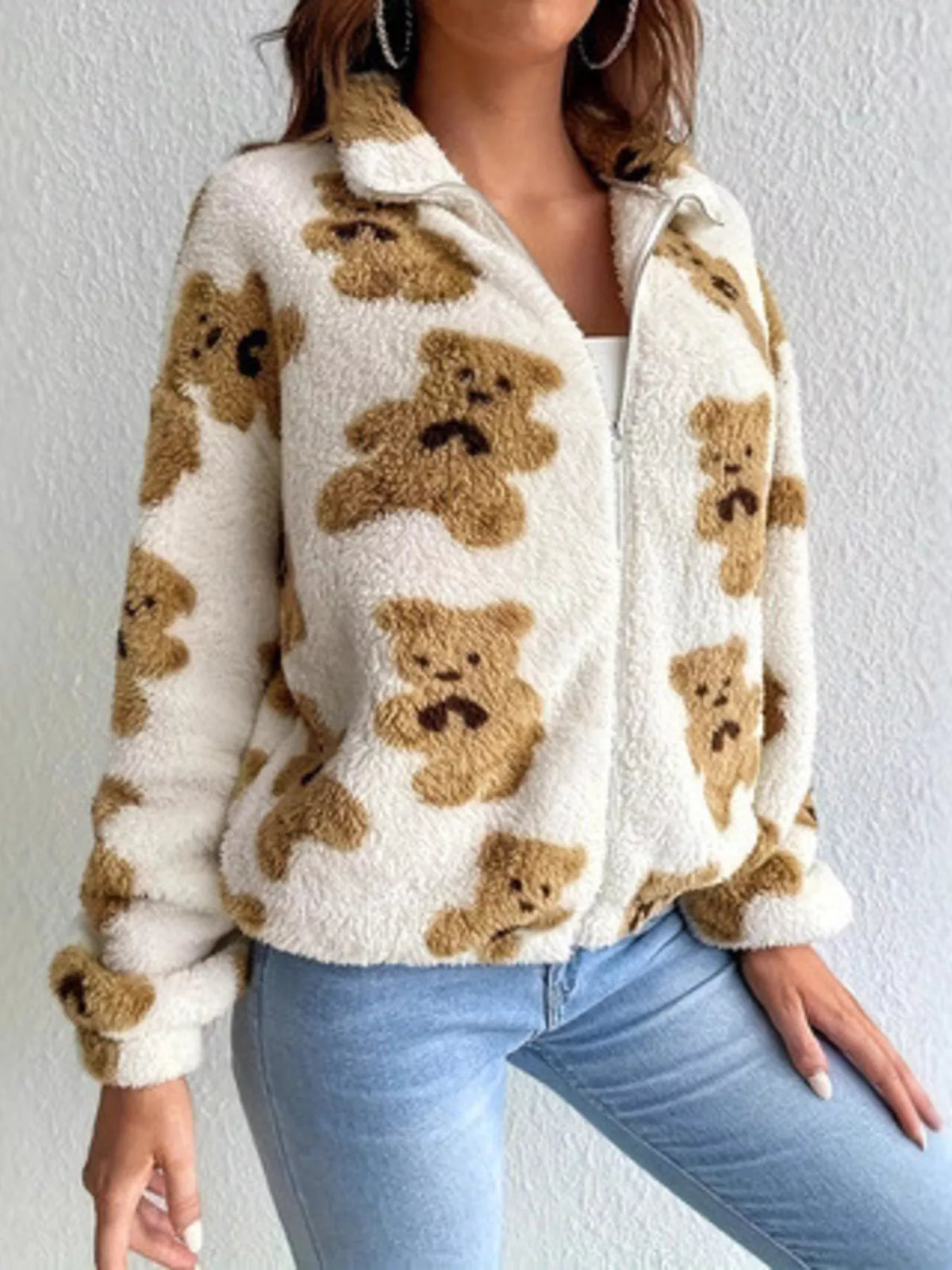 Teddy Bear Fuzzy Zip-Up Jacket in White