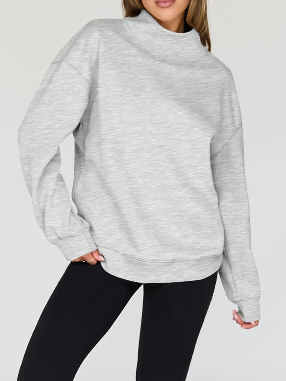 Mock Neck Drop Shoulder Long Sleeve Sweatshirt - Lilixa.store
