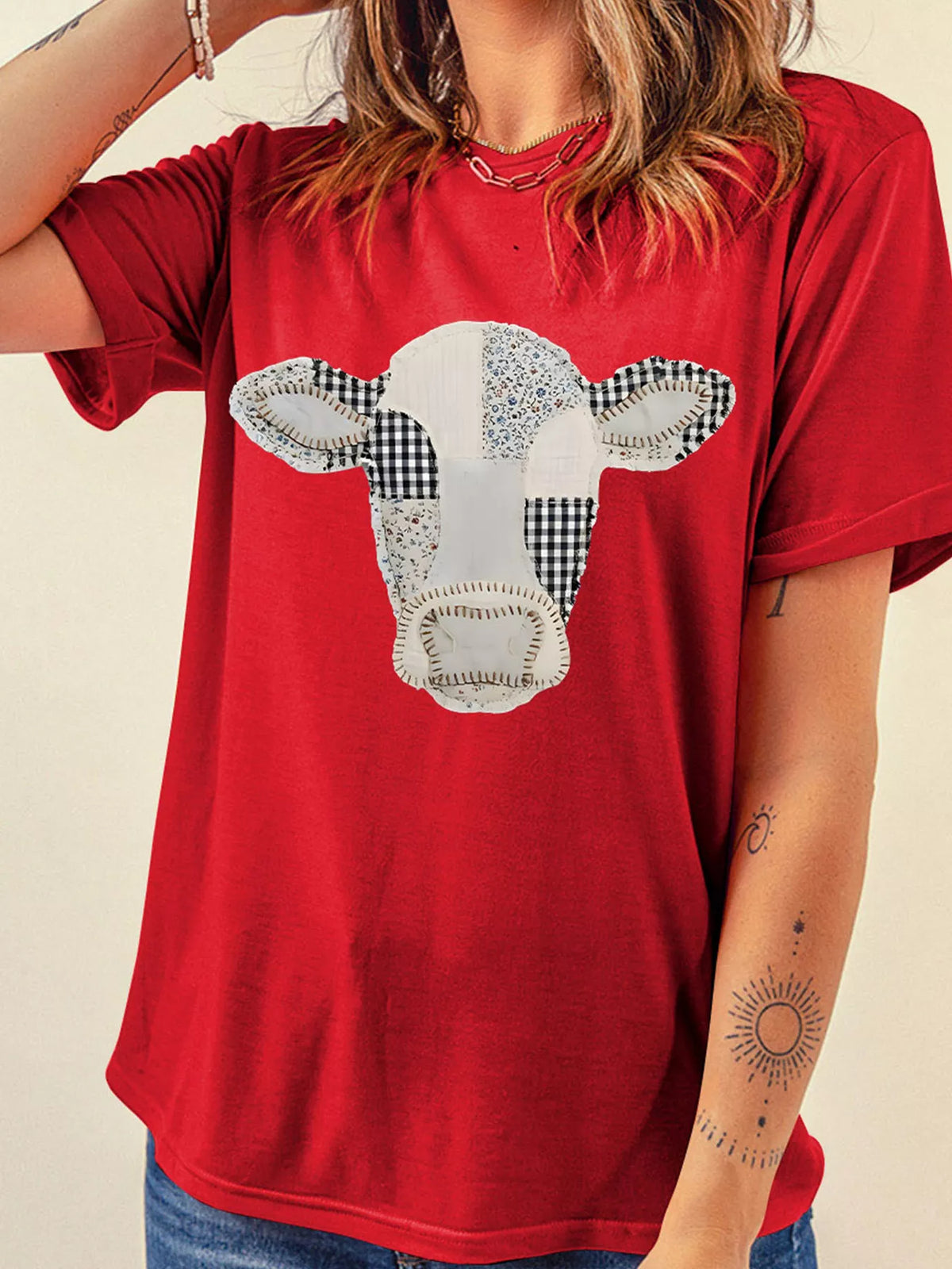 Western Patchwork Cow Print Round Neck Casual T Shirt