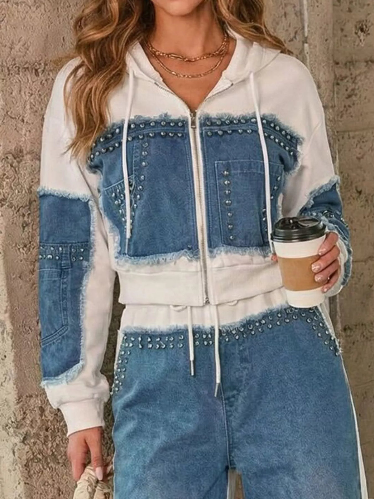 Full Size Studded Denim Patchwork Hoodie and Joggers Set Plus Size - Lilixa.store