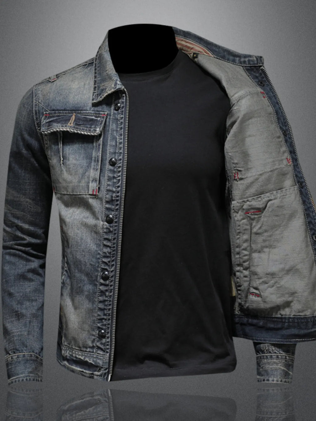 Men's Plus Size Washed Zip Up Denim Jacket with Chest Pockets - Lilixa.store