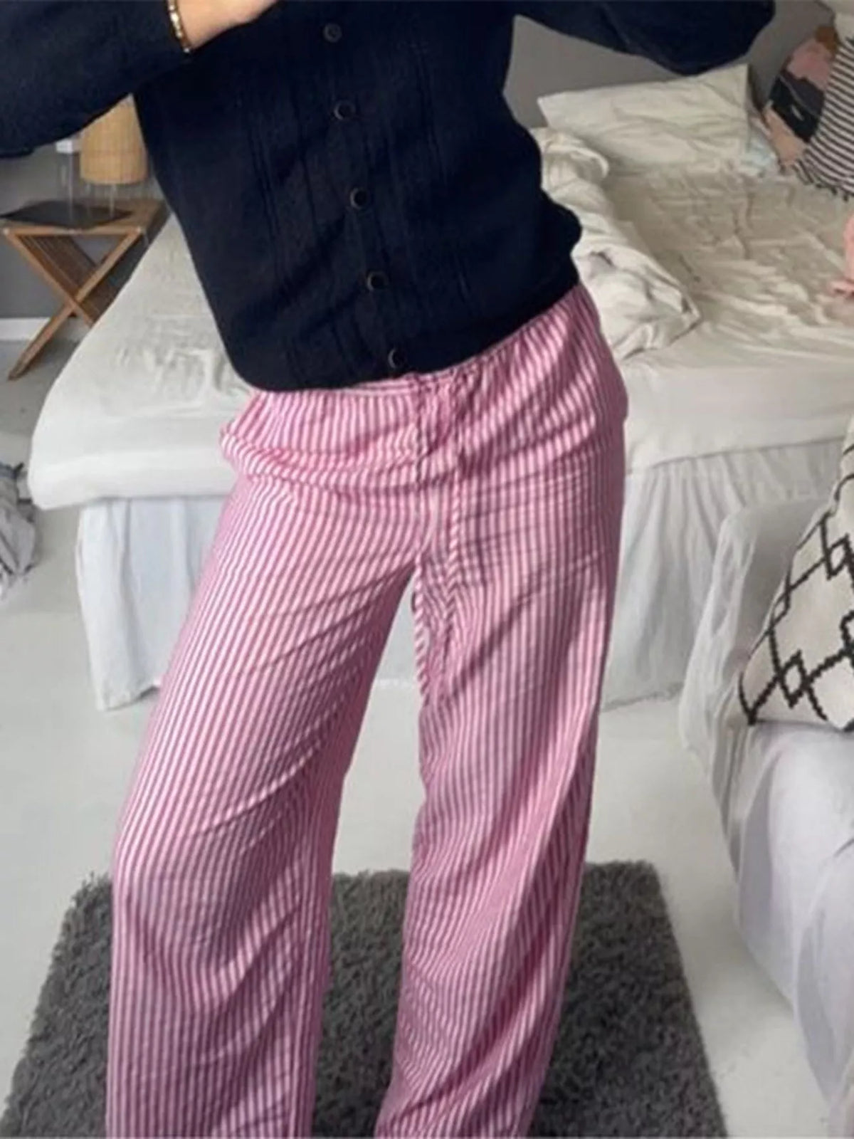 Striped High-Waisted Drawstring Casual Pants