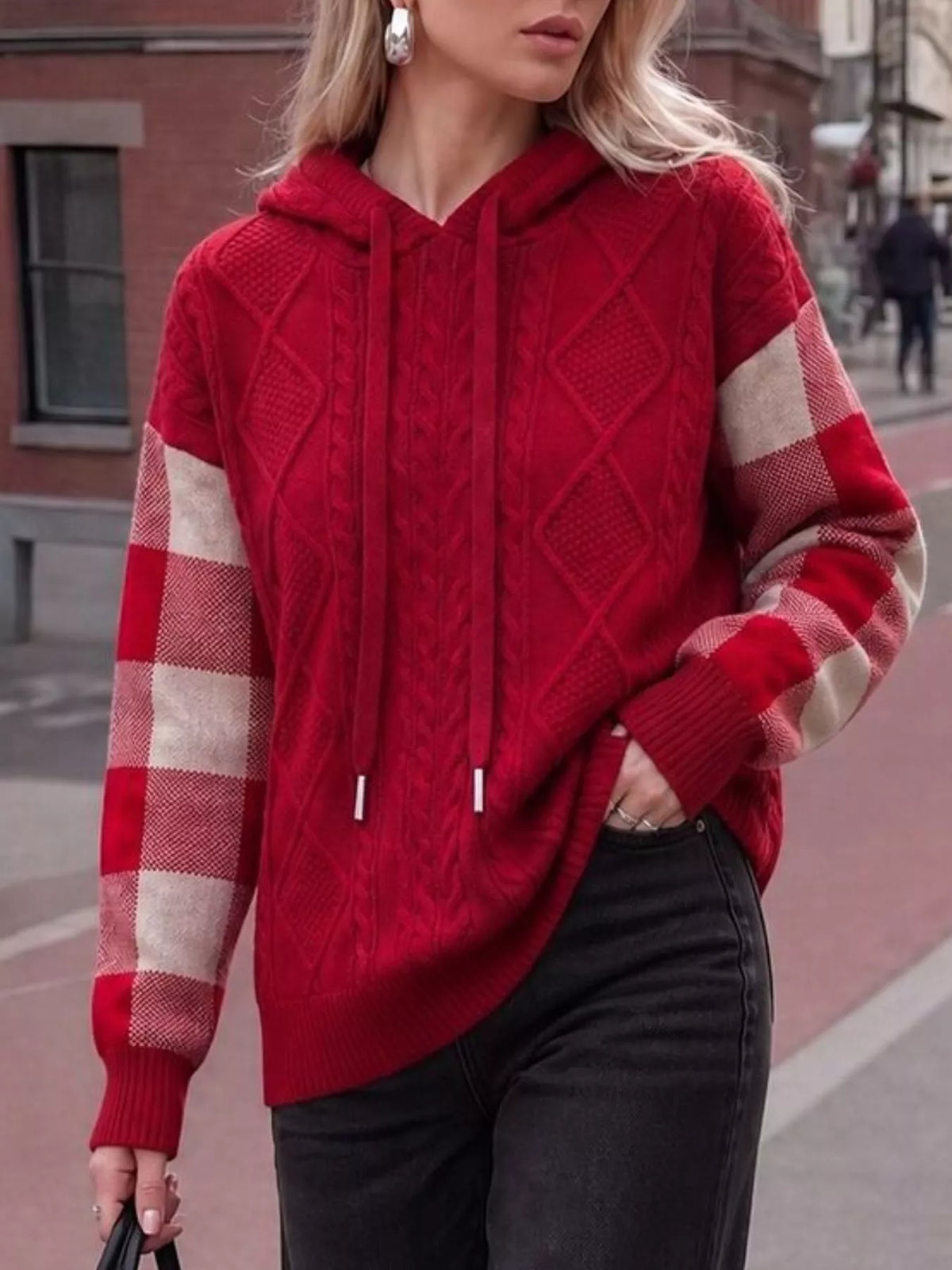 Cable-Knit Plaid Sleeves Hooded Sweater - Lilixa.store