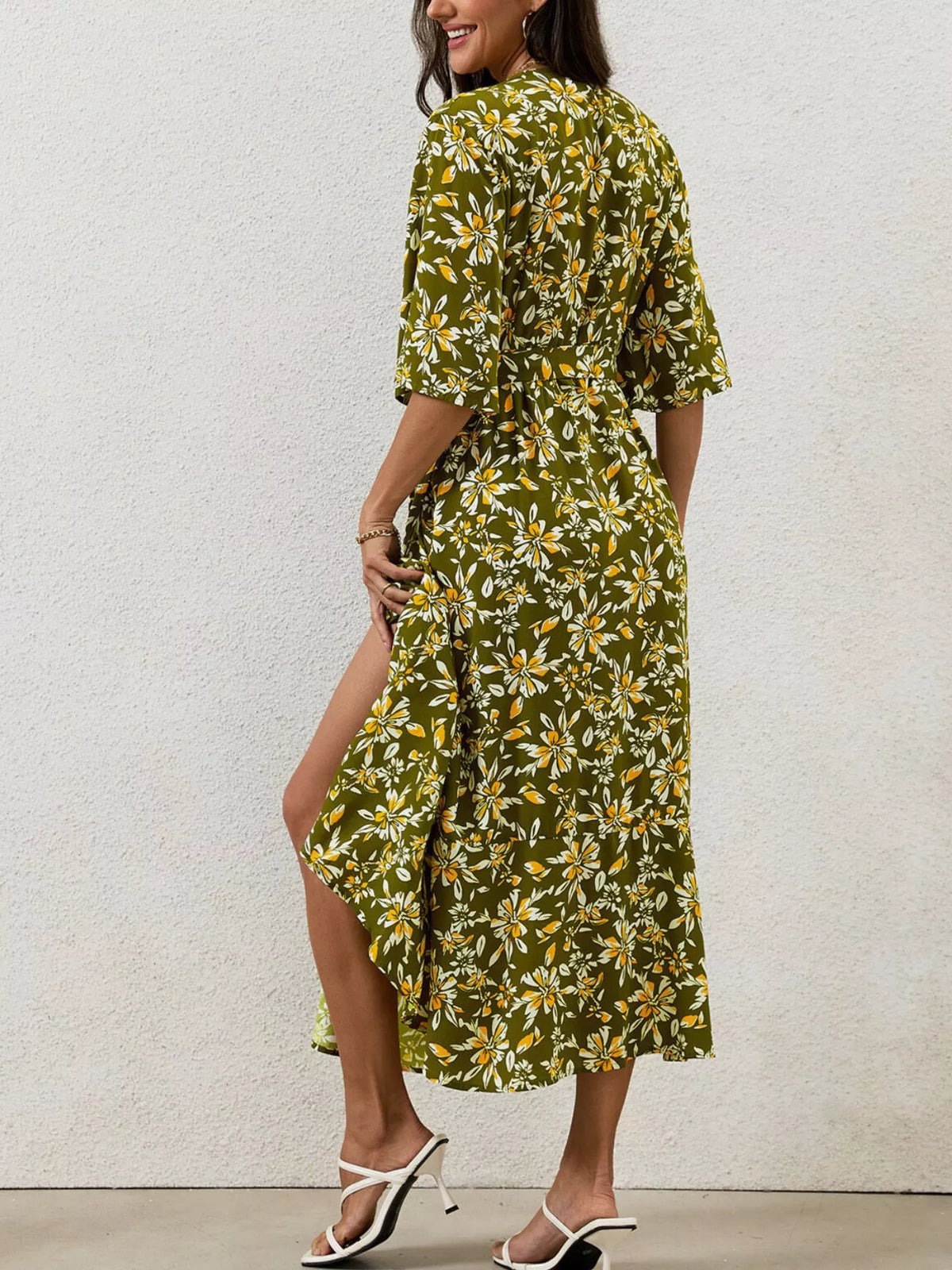 Slit Printed Surplice Midi Dress - Lilixa.store