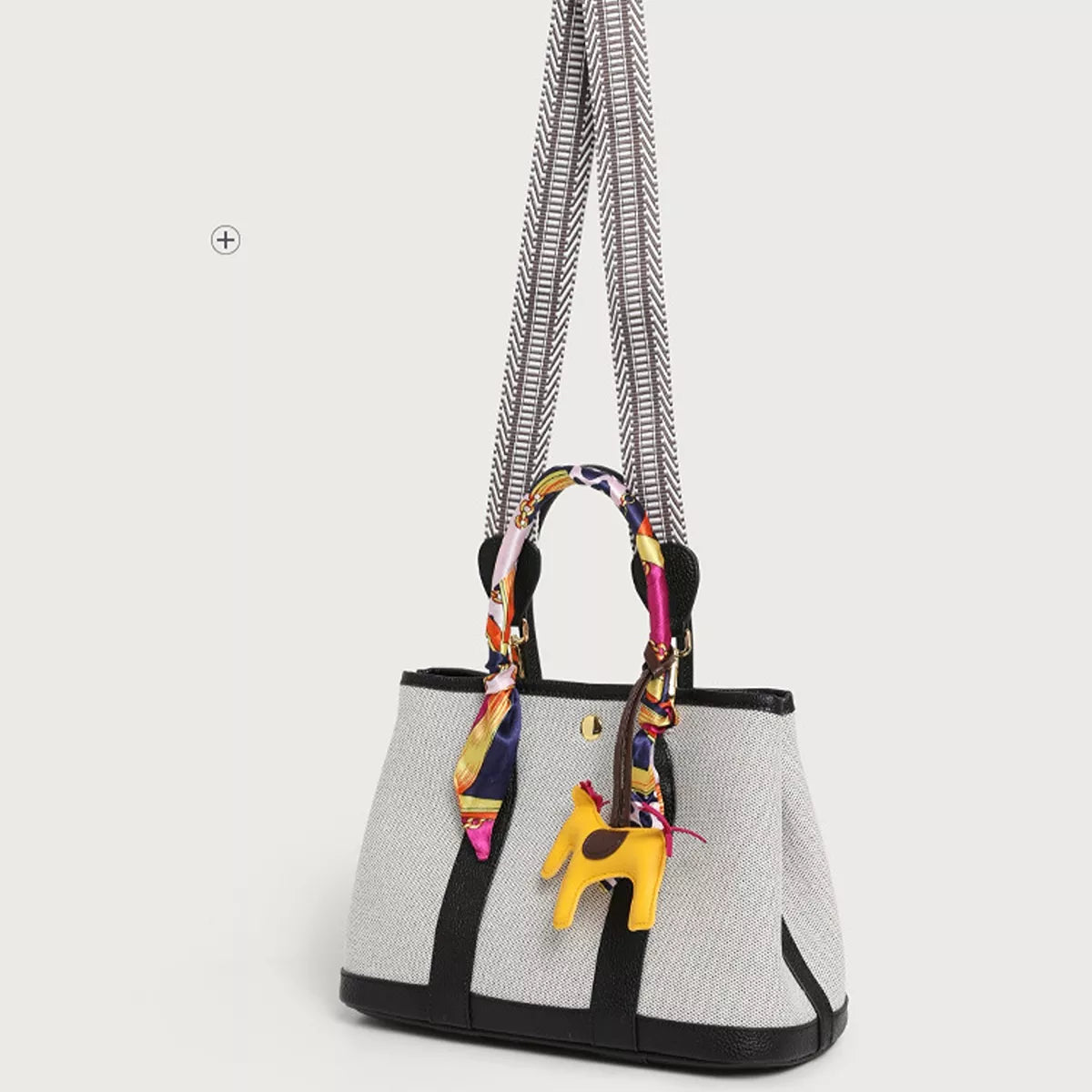 Canvas Handbag with Silk Scarf and Horse Charm in Black, view 6