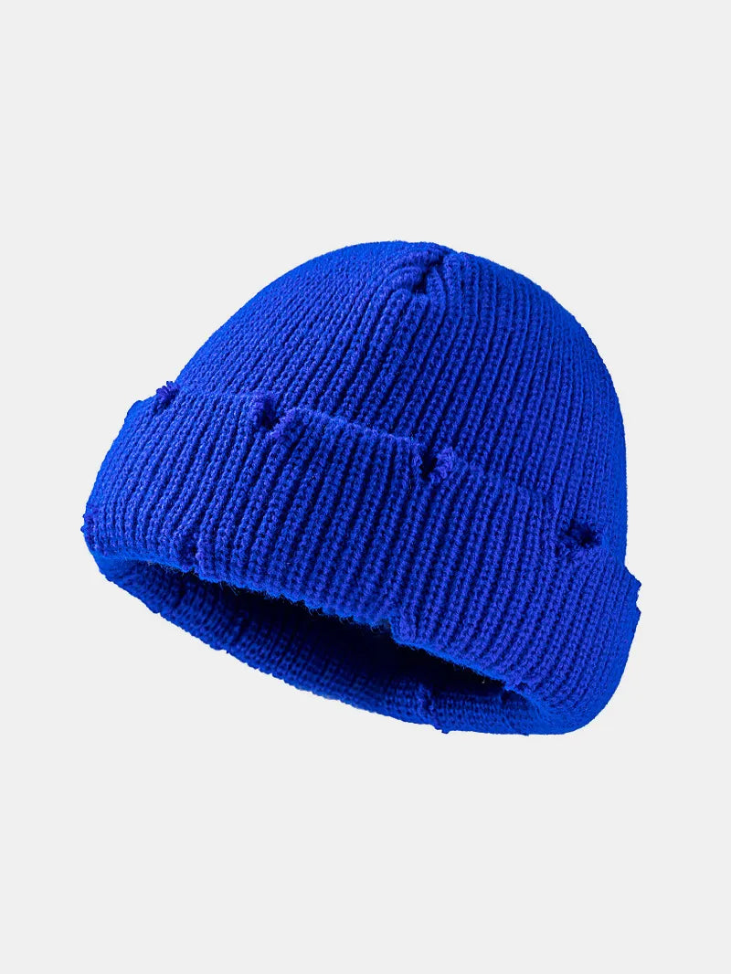 Distressed Cuffed Knit Hat in Royal Blue