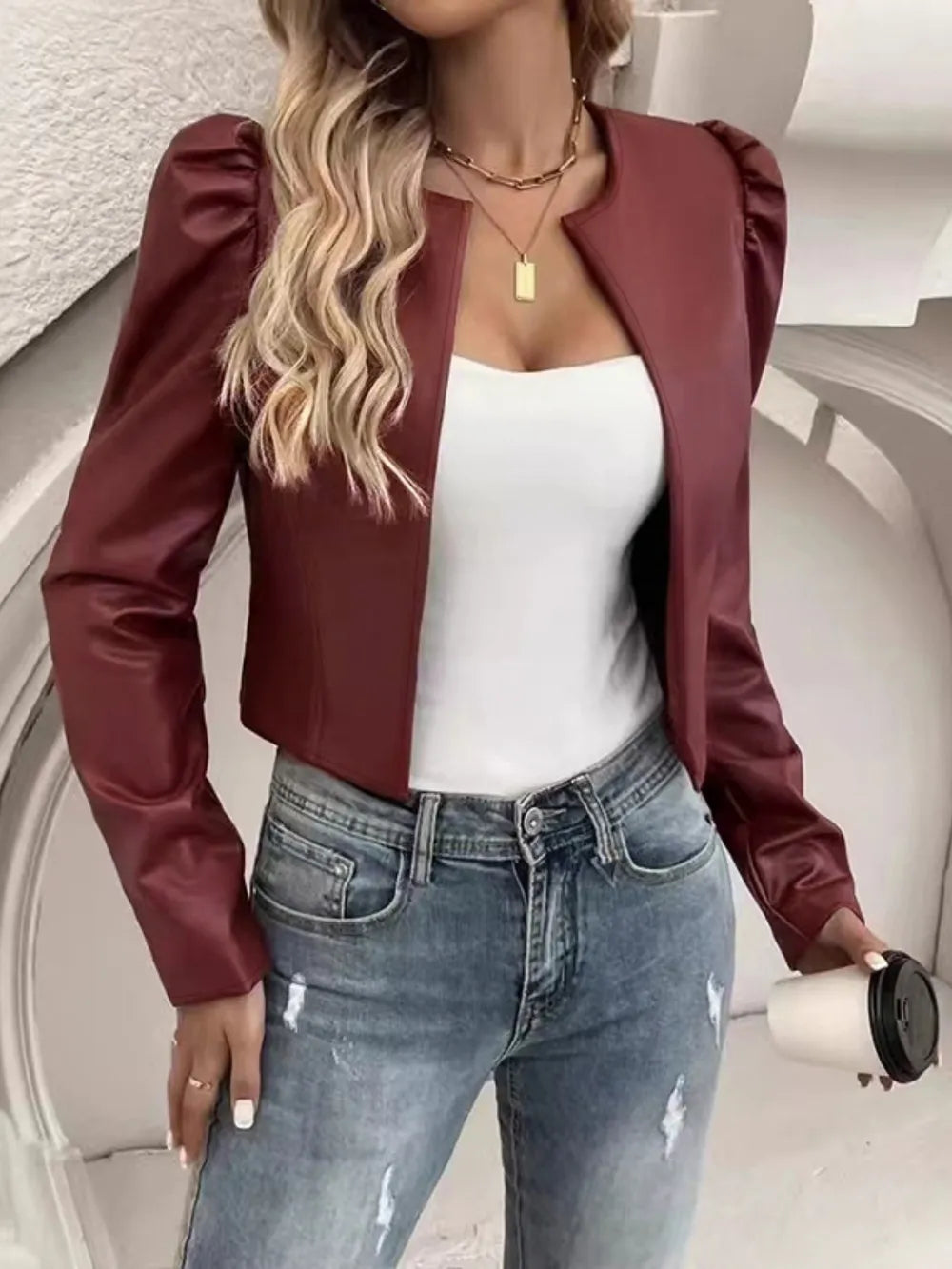 PU Leather Open Front Puff Sleeve Jacket in Burgundy