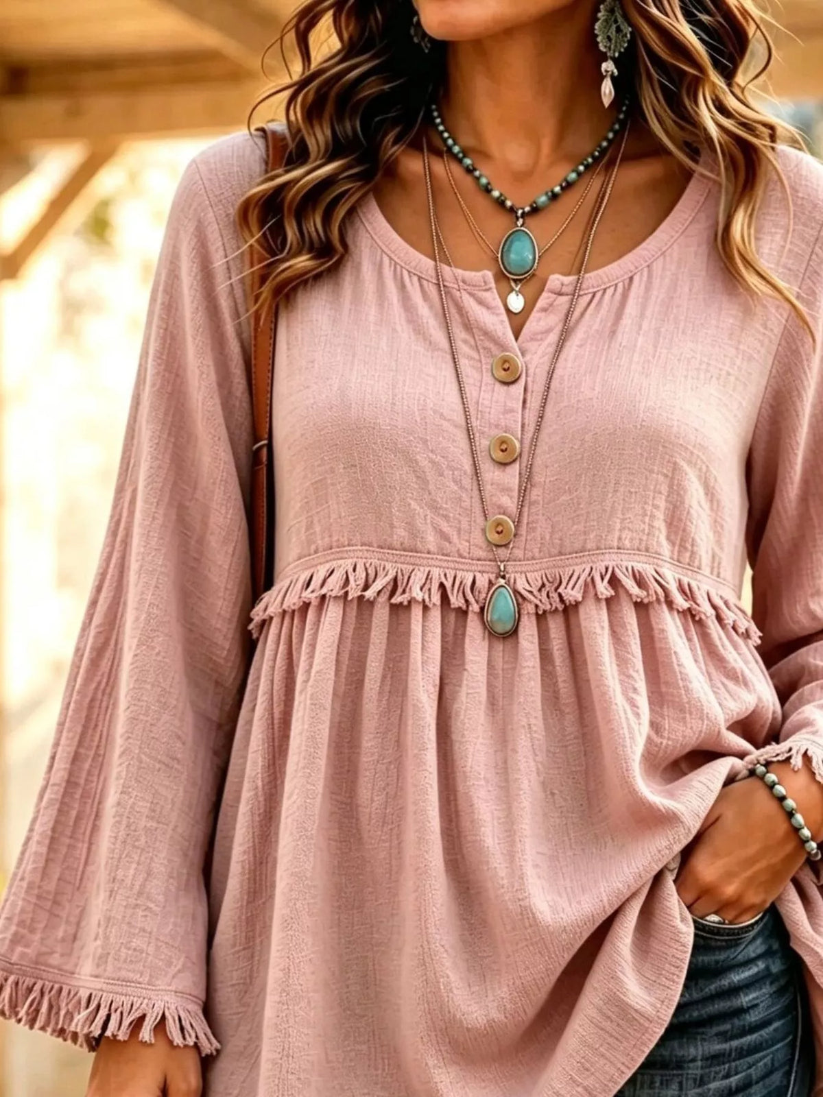 Button-Down Detail Fringed Hem Blouse, view 2