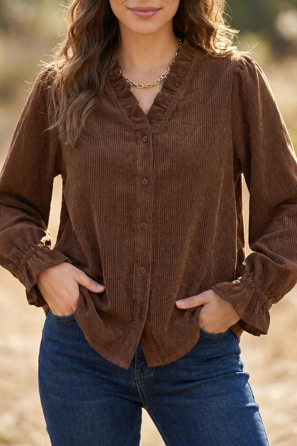 Solid Color Ruffle Trim V Neck Long Sleeve Button Corduroy Shakcet in Dark Brown, view 3