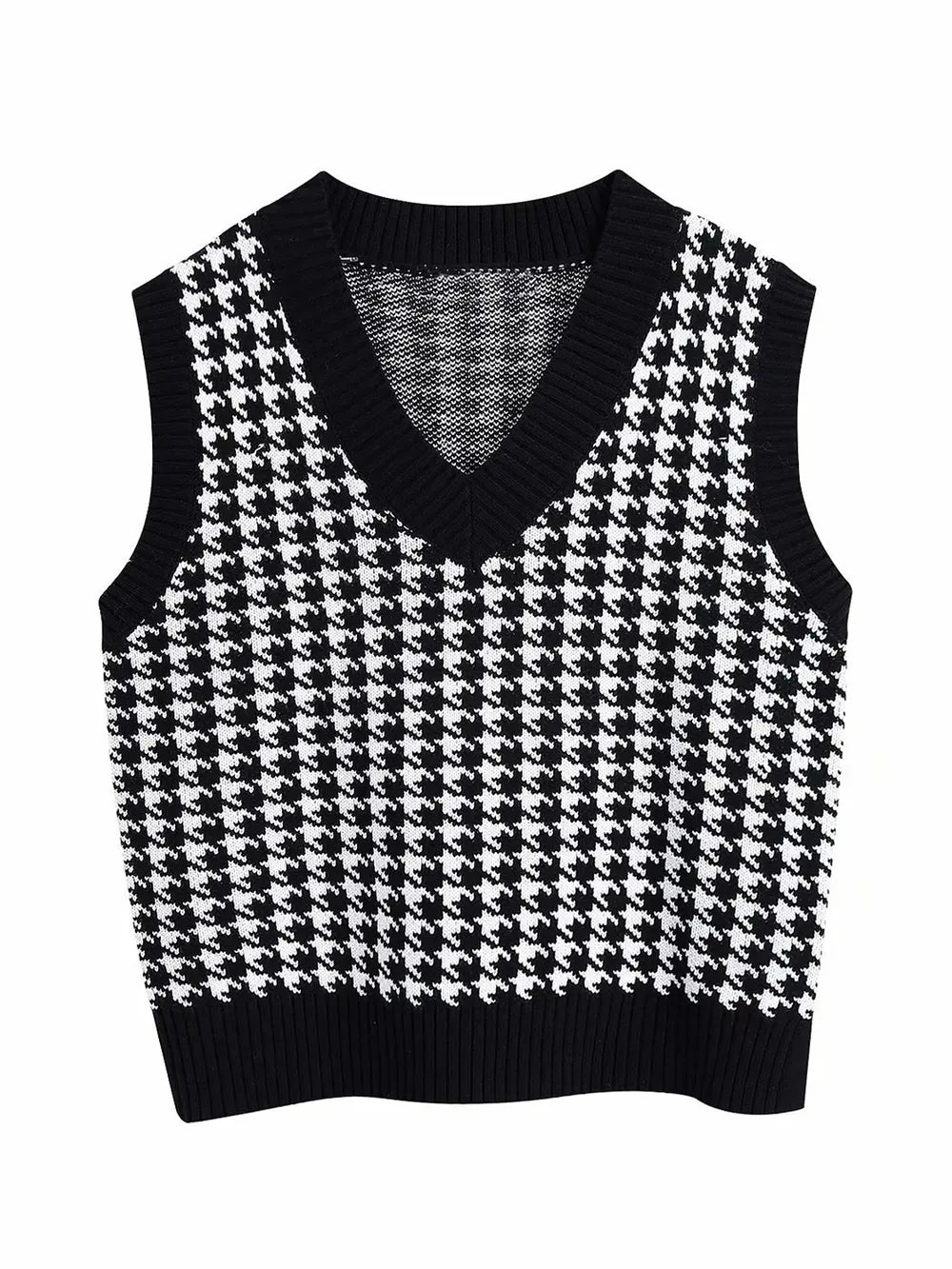 Houndstooth V-Neck Sweater Vest in Black