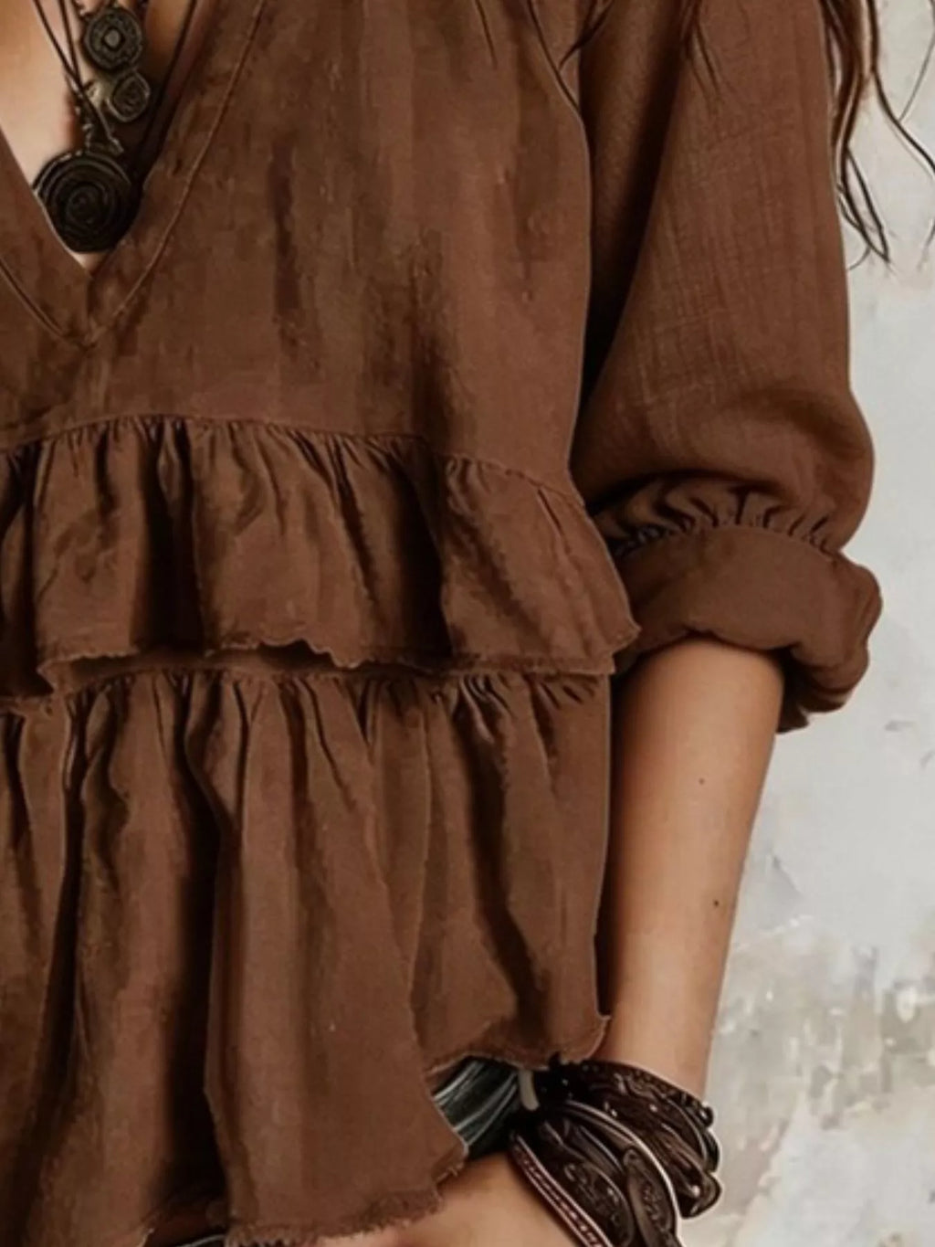 Full Size Ruffled Hem V-Neck Blouse Plus Size - Lilixa.store