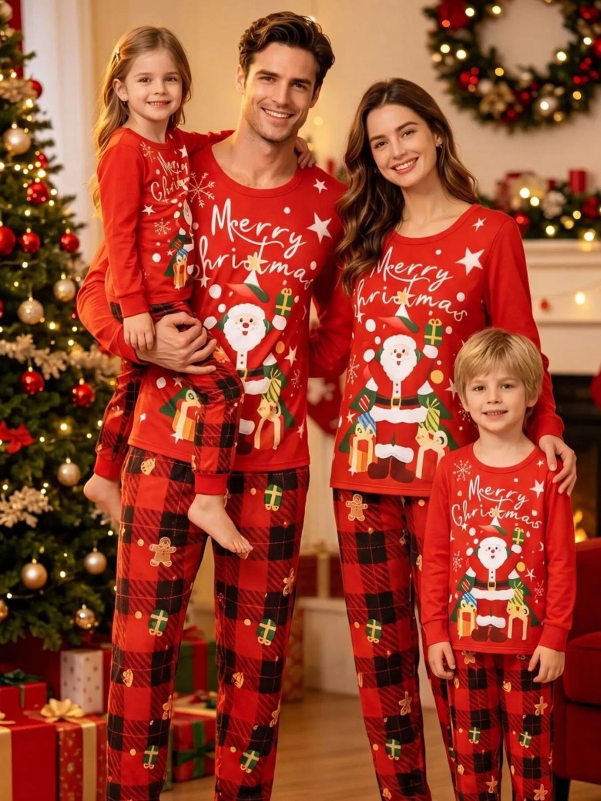 Family Matching Christmas Pajama Set with Santa and Plaid Print