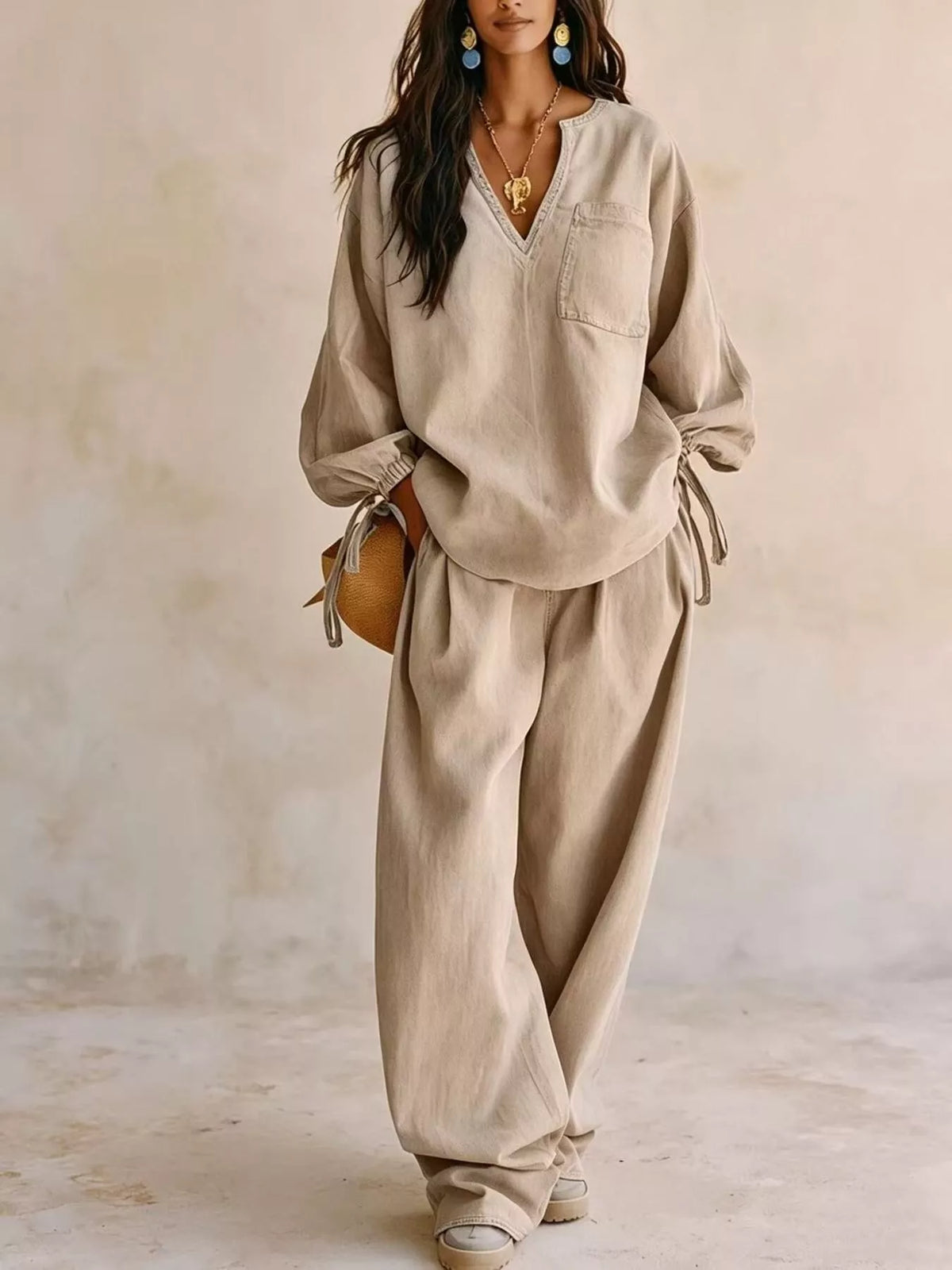 Relaxed Fit Drawstring Sleeve Detail Top and Pants Denim Set in Khaki