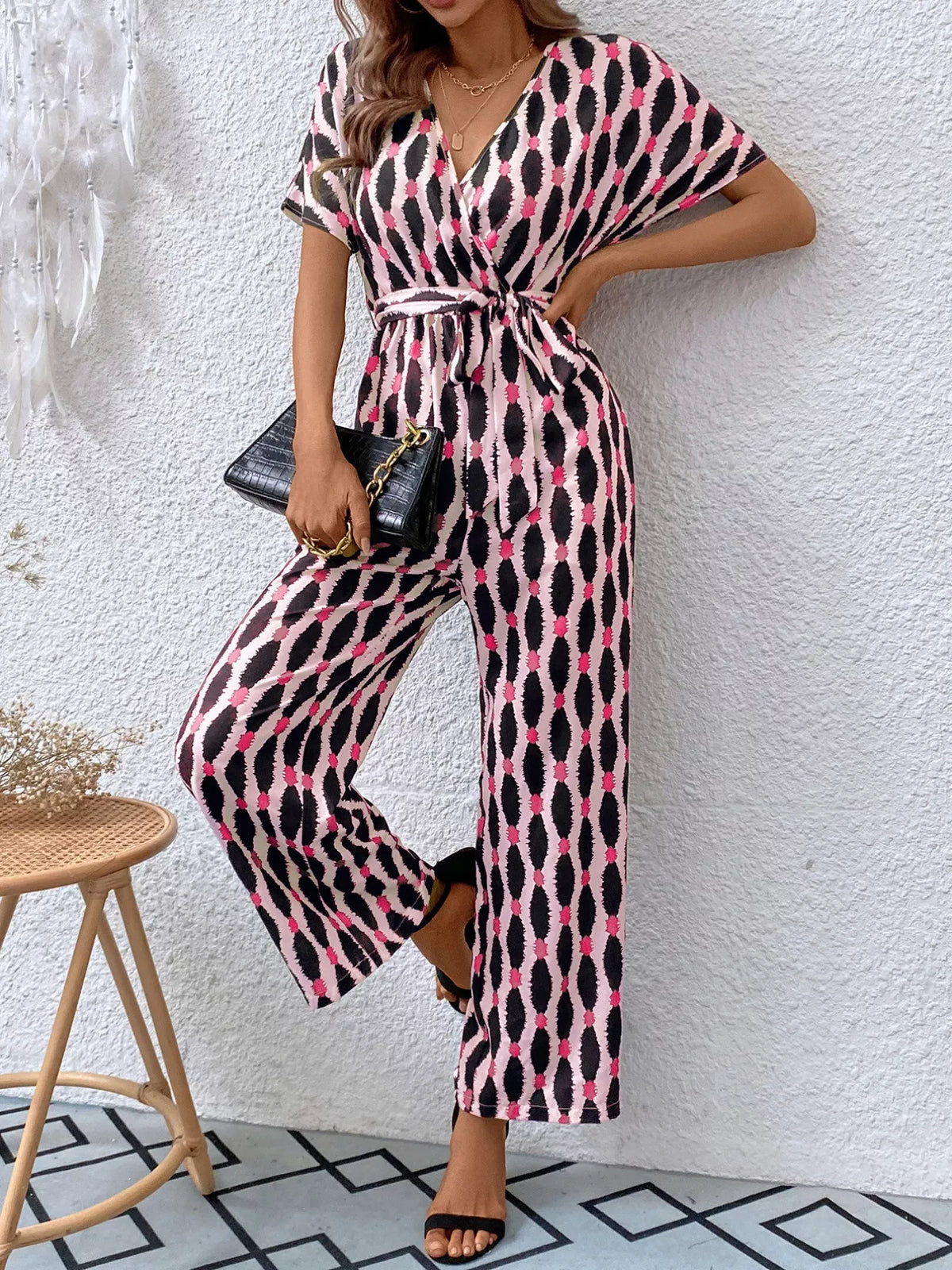 Printed Surplice Tie Waist Short Sleeve Jumpsuit - Lilixa.store