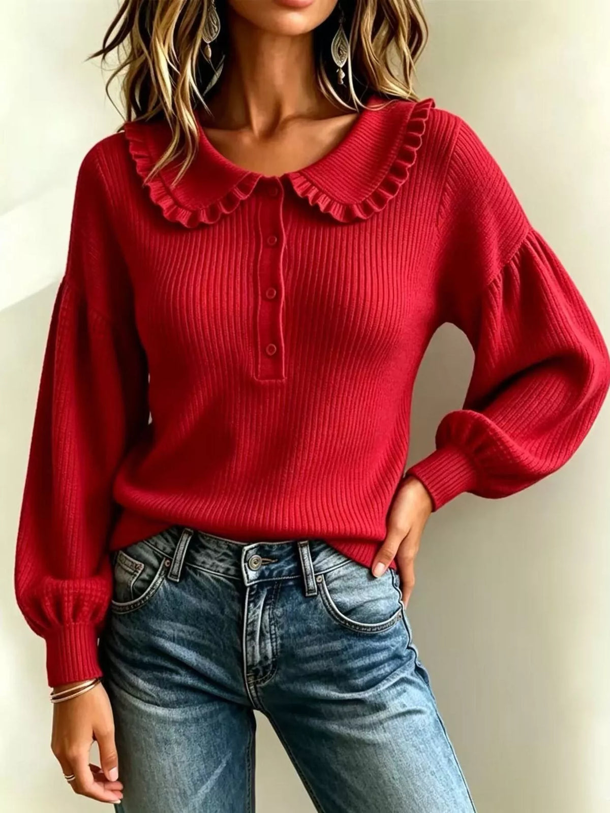 Full Size Ruffle Collar Button Detail Sweater Plus Size - Lilixa.store