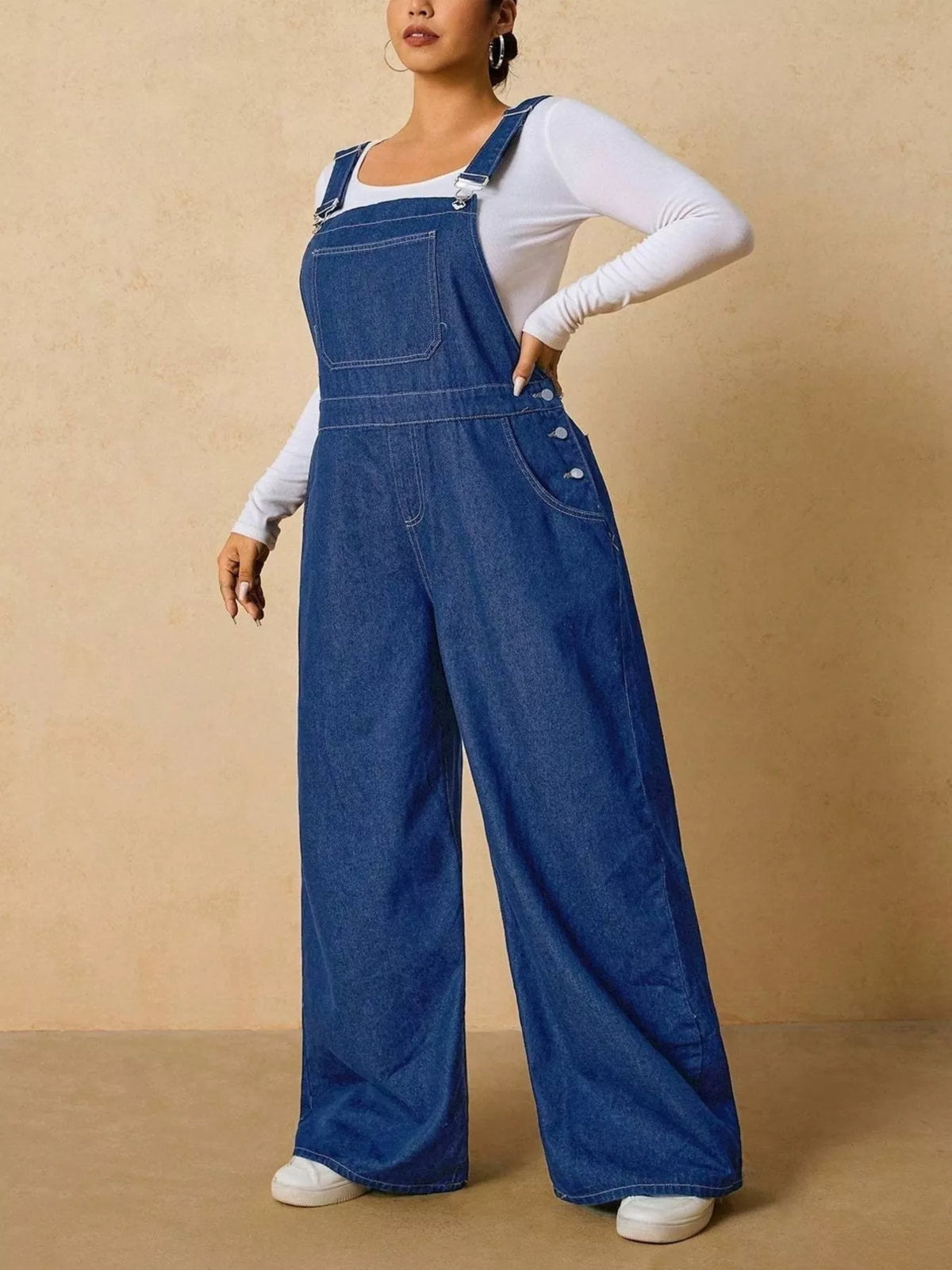 Plus Size Adjustable Strap Wide-Leg Denim Overalls