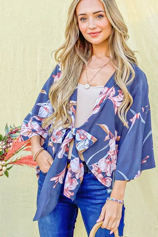 And The Why Front Tie Knot Floral Print Top - Lilixa.store