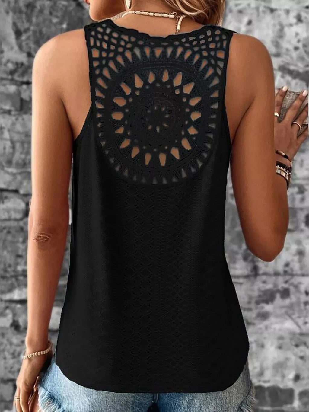 Eyelet Lace Trim V-Neck Tank Top - Lilixa.store