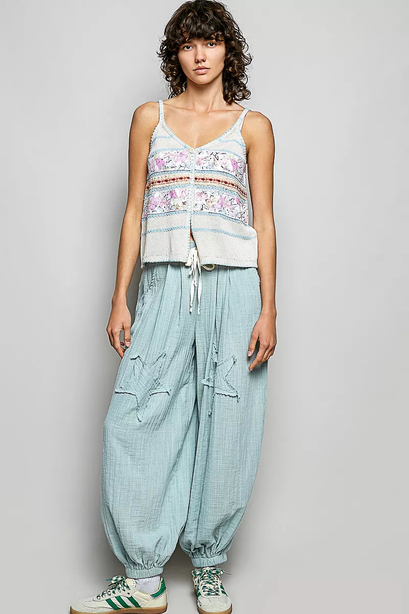 POL Printed Contrast Button Down Cami with Trim Detail and Blanket Stitch - Lilixa.store