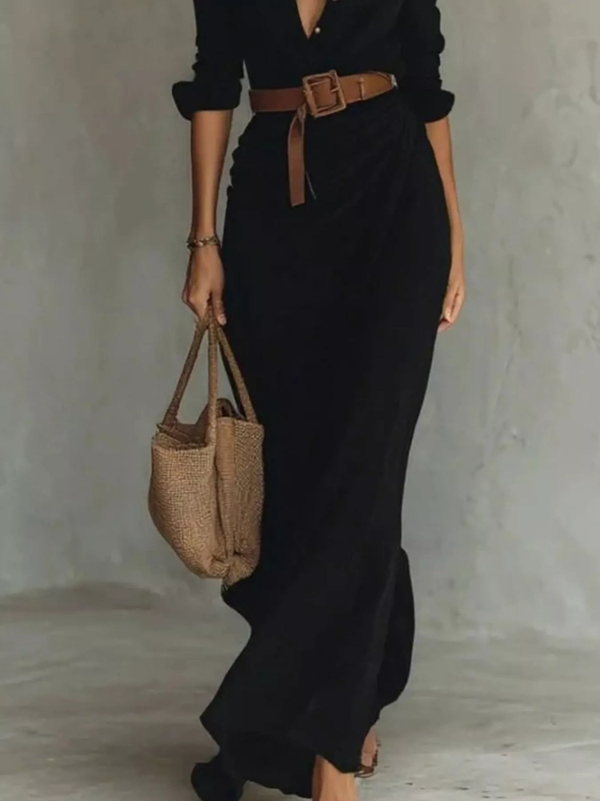 Button Front Long-Sleeve Shirt Maxi Dress