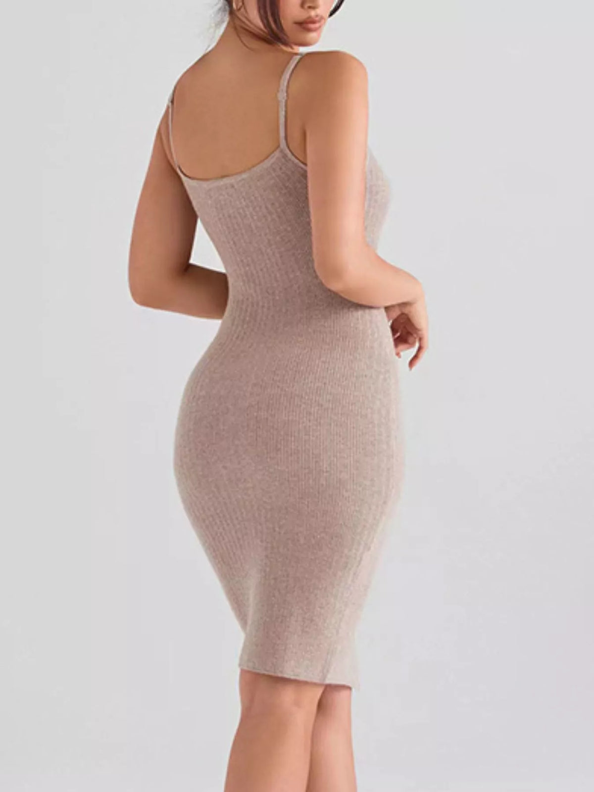 Ribbed Button-Front Bodycon Sweater Dress in Mocha, view 3