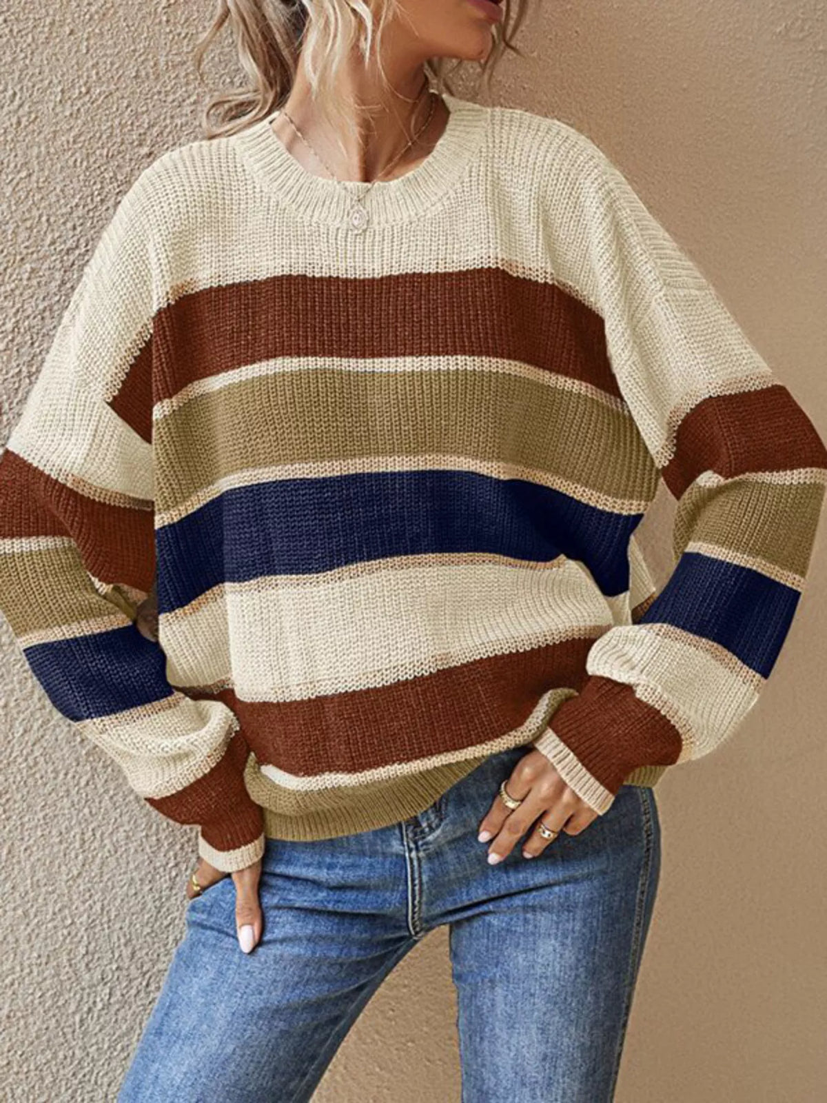 Color Block Striped Crew Neck Sweater - Lilixa.store