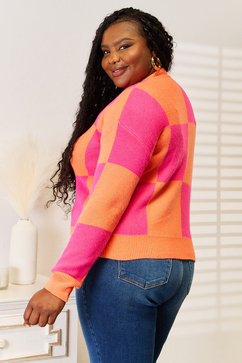Angel Wings Woven Right Checkered V-Neck Dropped Shoulder Cardigan - Lilixa.store