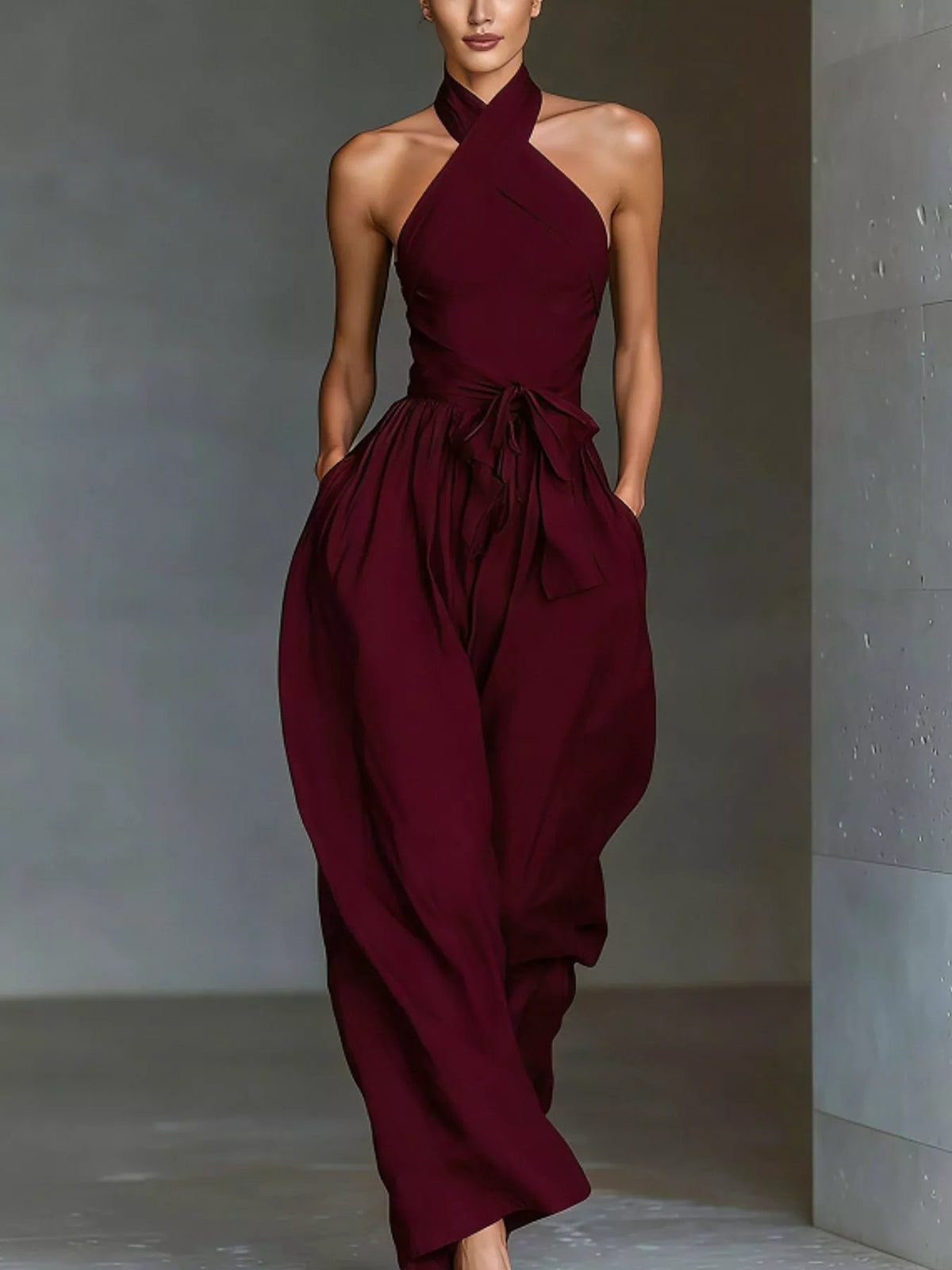 Halter Neck Wide-Leg Jumpsuit with Waist-Tie Detail