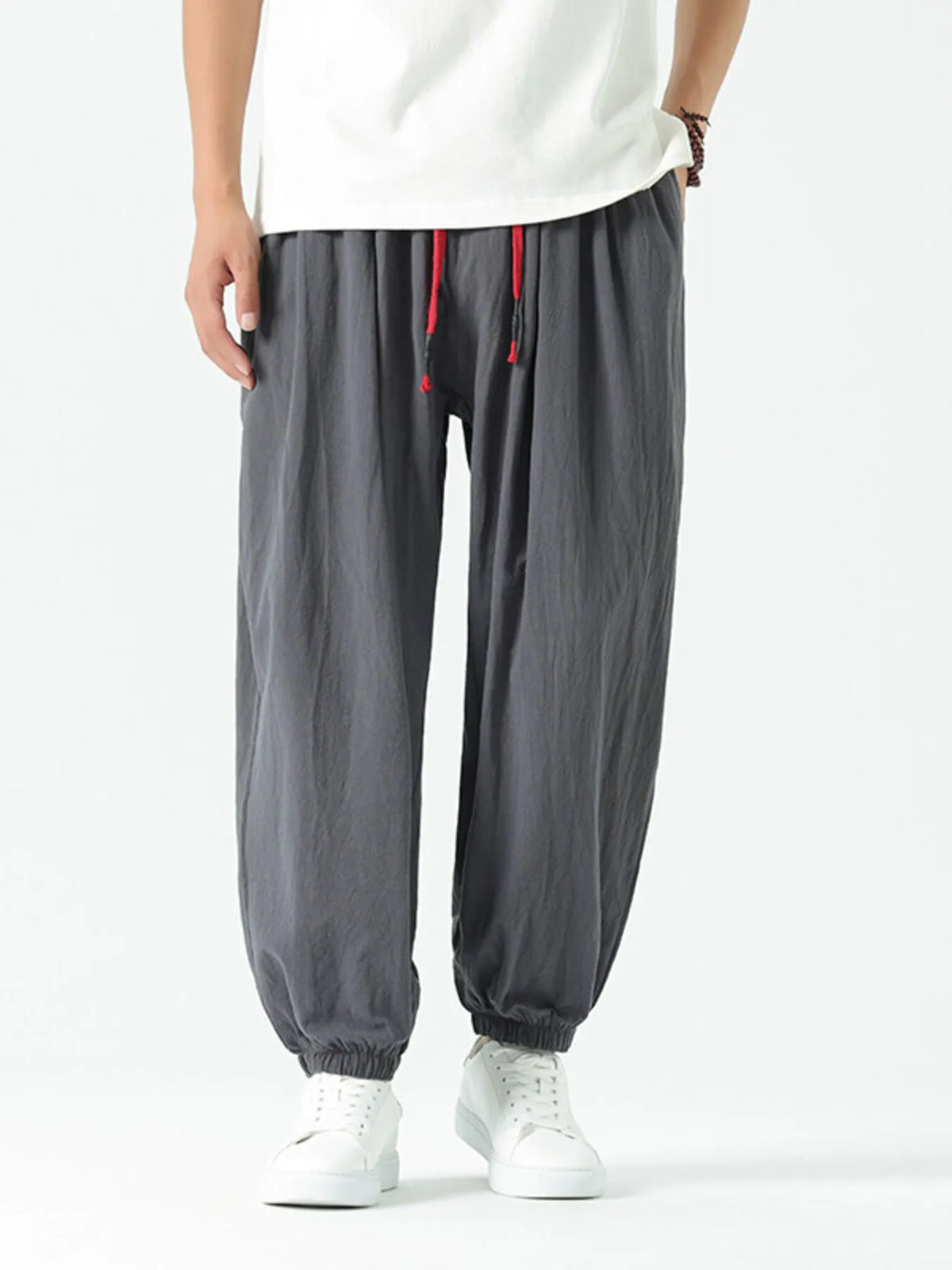 Men's Drawstring Wide Leg Relaxed Fit Pants in Dark Gray