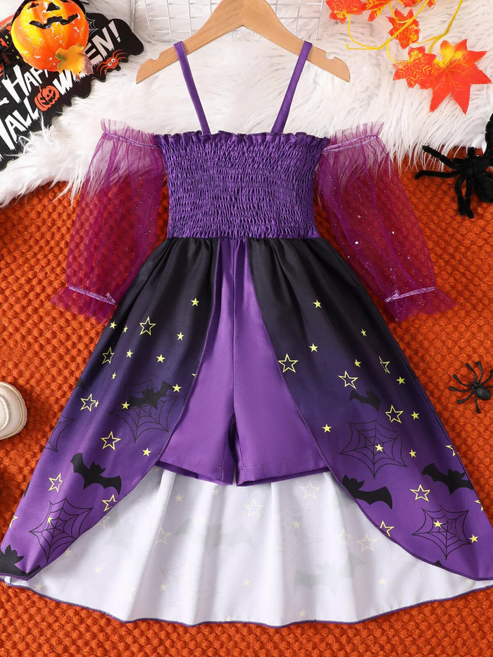 Children's Halloween Spaghetti Strap Romper with Tulle Sleeves and Starry Overlay - Lilixa.store