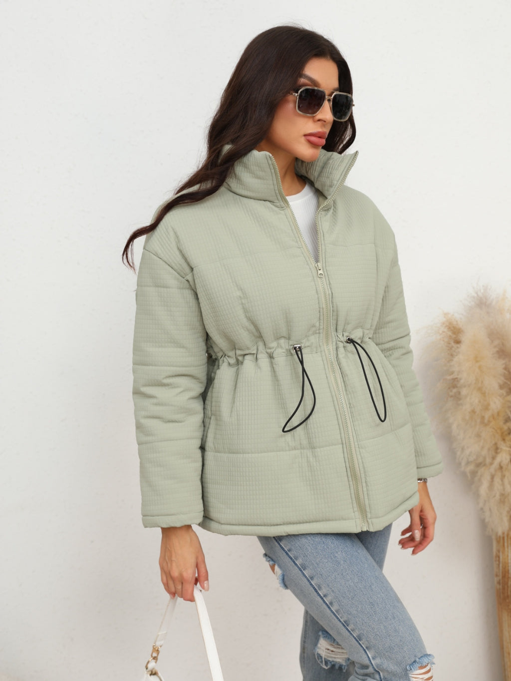 Drawstring Waist Zip-Up Puffer Jacket - Lilixa.store