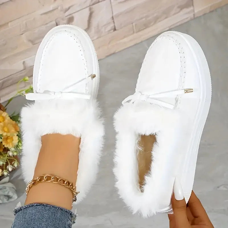 Bow Furry Round Toe Flat Slip-Ons in White