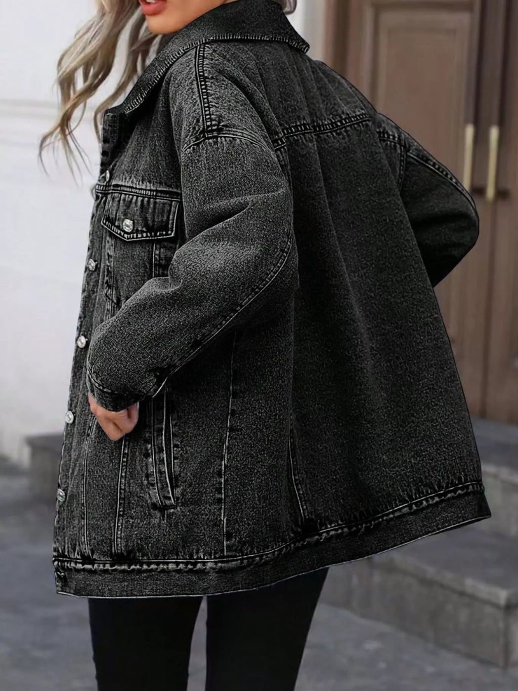 Washed Button Up Oversized Denim Jacket - Lilixa.store