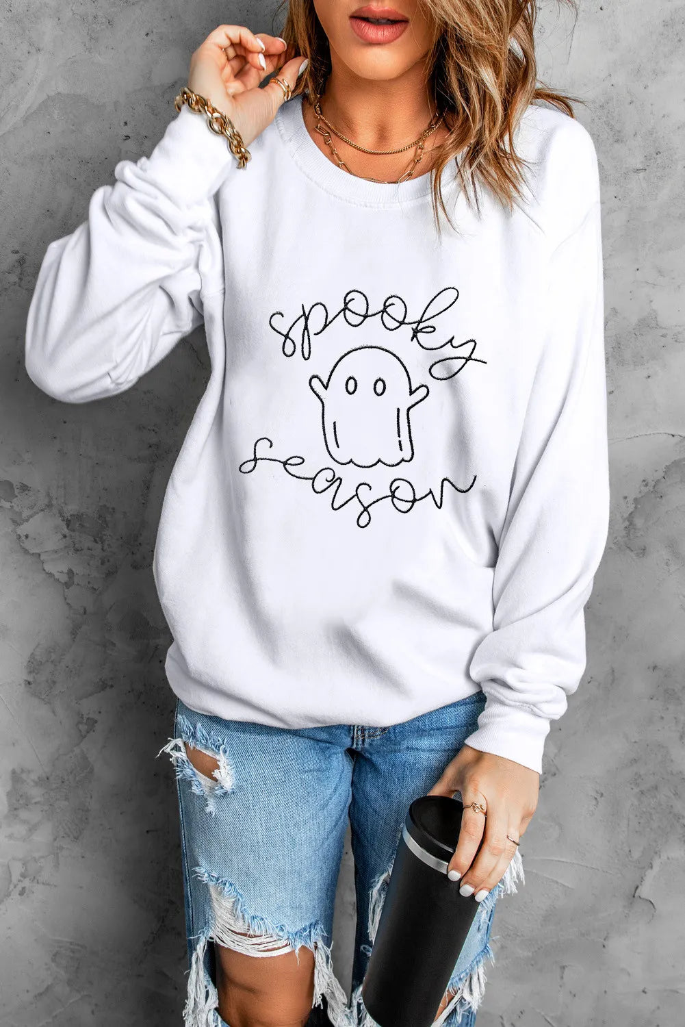 Ghost Graphic Long Sleeve Dropped Shoulder Sweatshirt - Lilixa.store