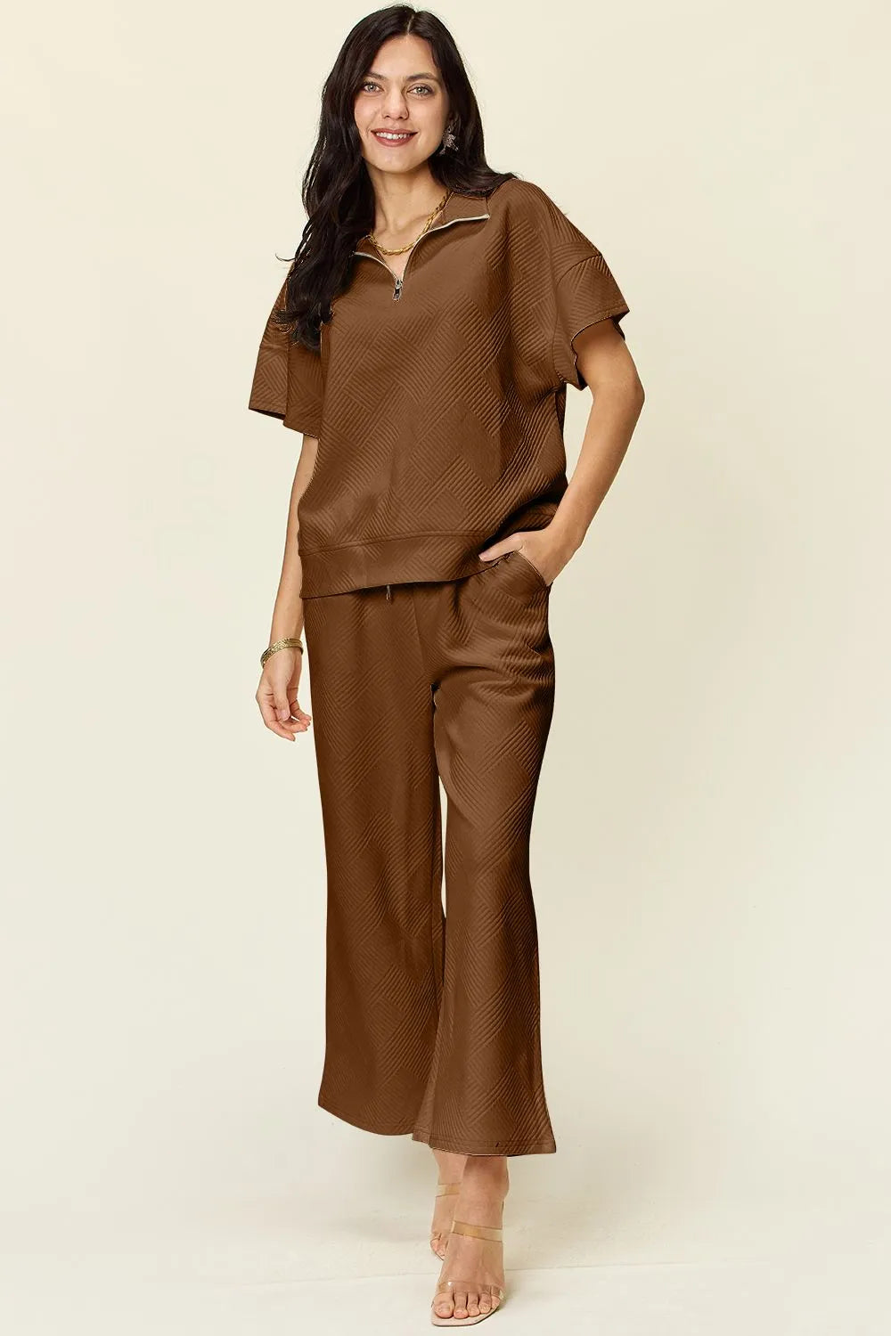 Double Take Full Size Texture Half Zip Short Sleeve Top and Pants Set in Mocha