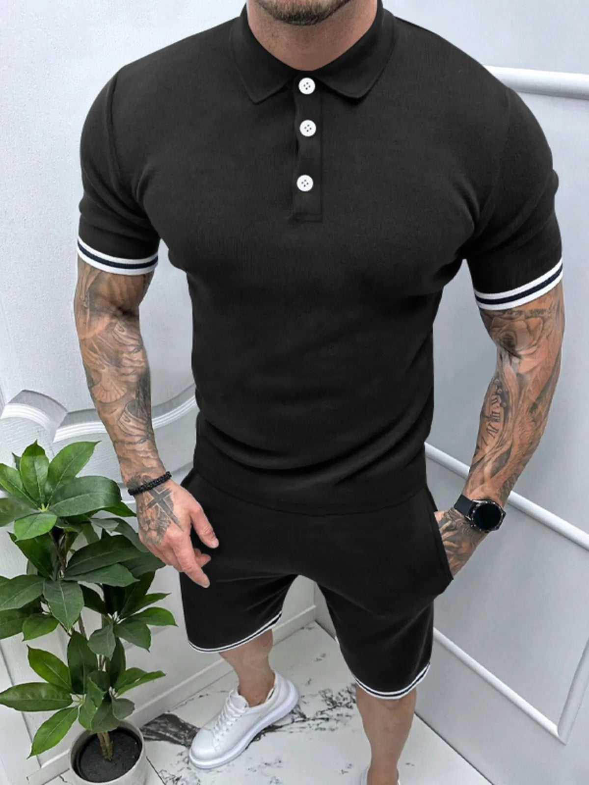 Men's Short Sleeve Polo and Shorts Set in Black