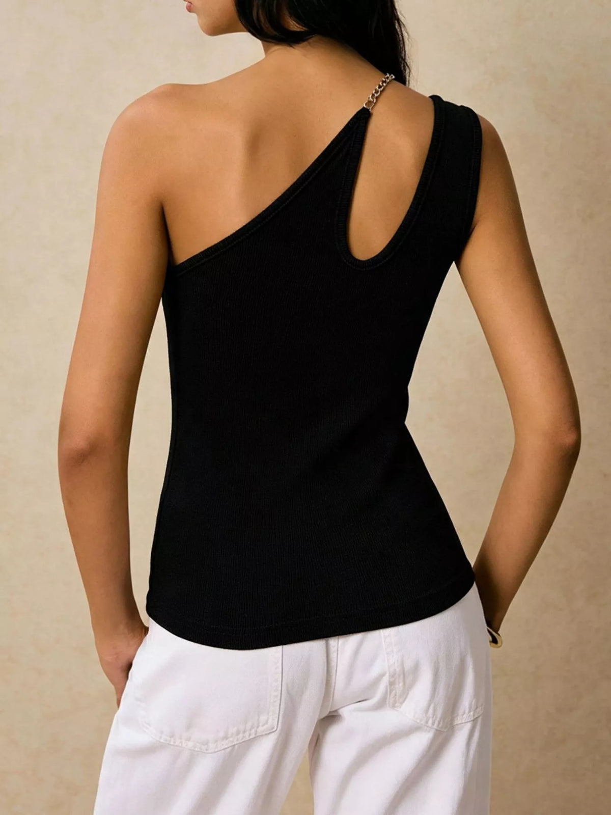 Cutout Asymmetrical Chain Strap Ribbed Tank - Lilixa.store