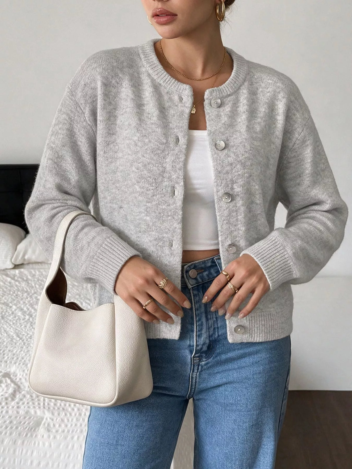 Crew Neck Button-Down Cardigan in Gray/white, view 10