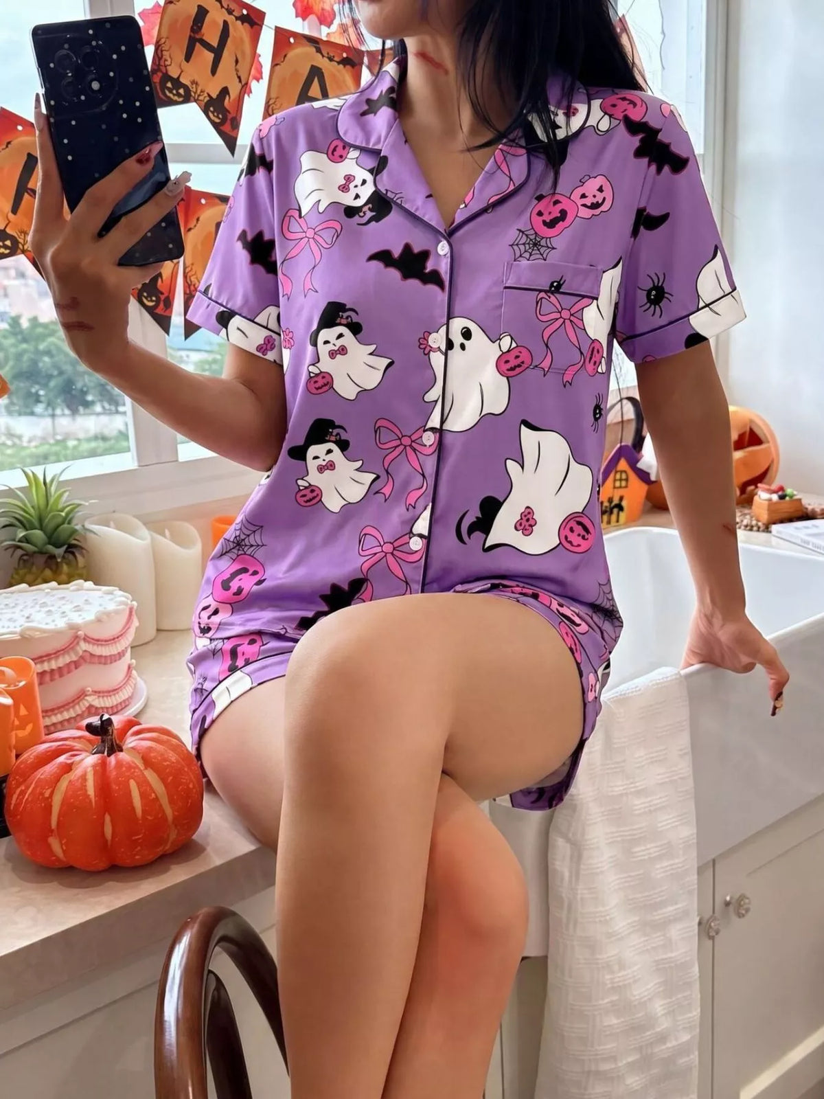 Halloween Ghost Print Button-Down Top and Shorts Lounge Set - Lilixa.store