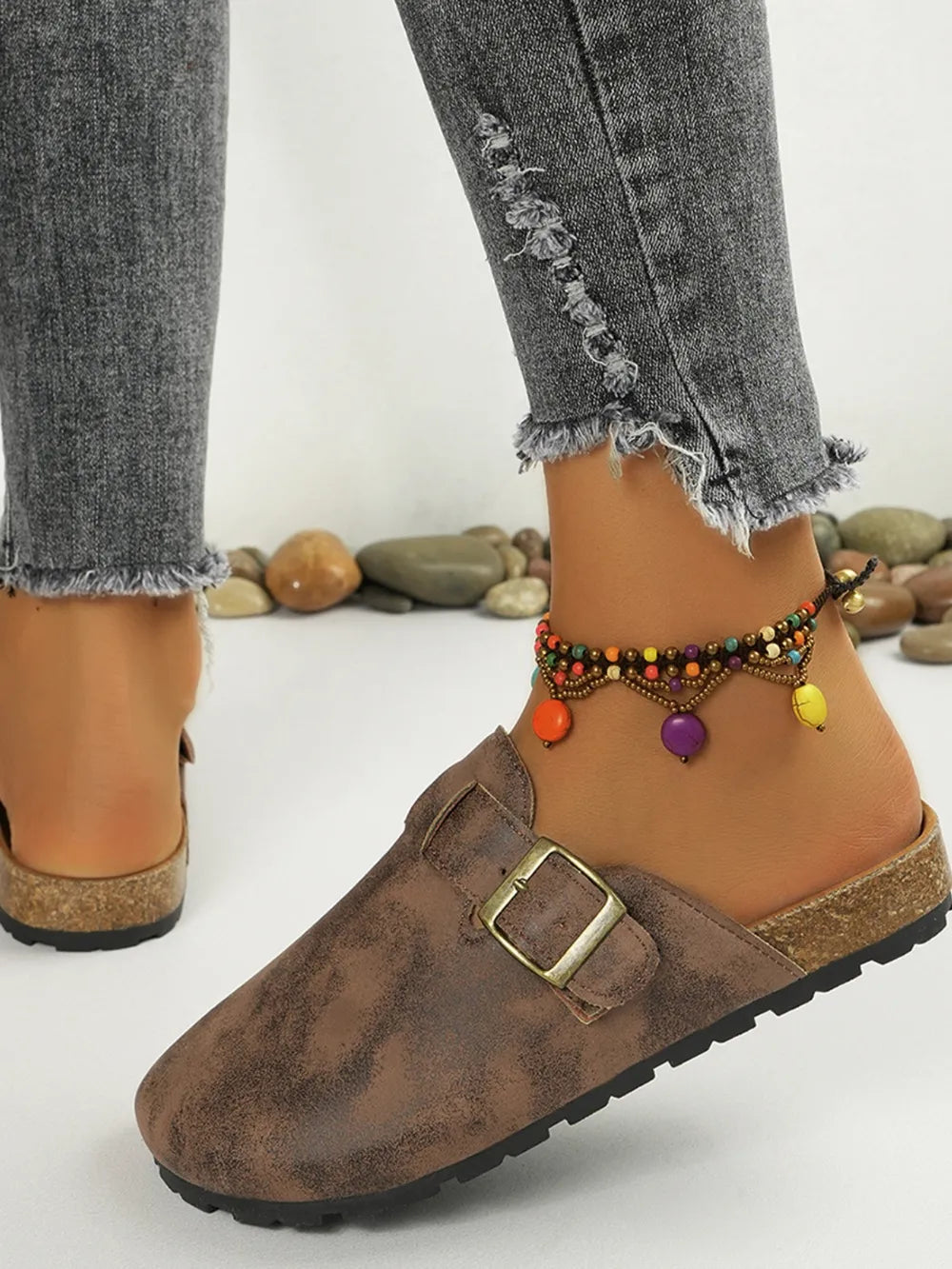 Round Toe Buckle Slip-Ons in Brown