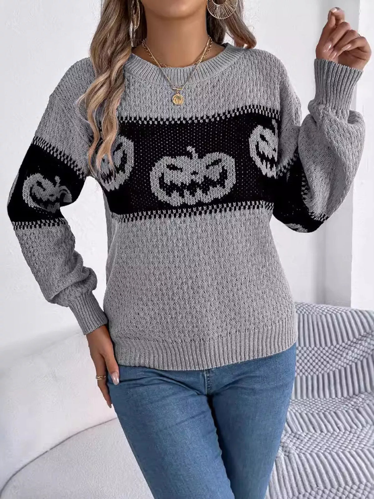 Halloween Pumpkin Pattern Round Neck Sweater, view 8